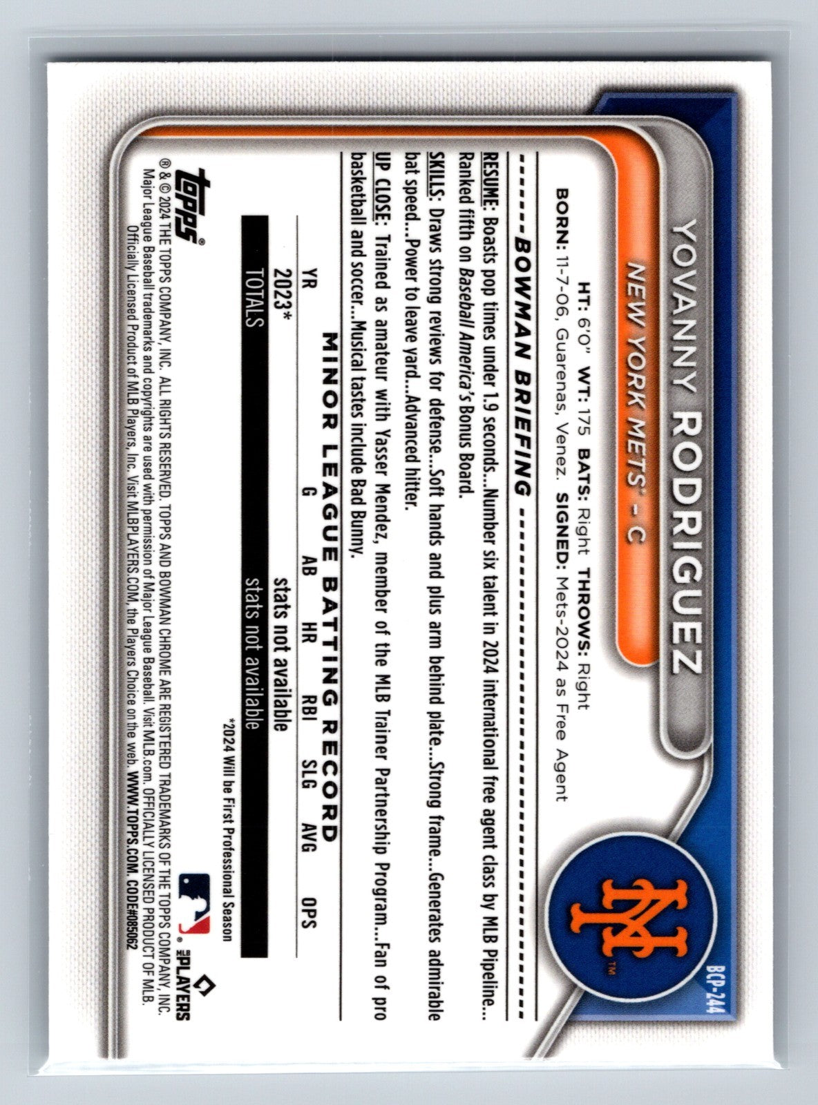 Yovanny Rodriguez 2024 Bowman Chrome 1st Speckle Refractor /299 #BCP-244 Mets