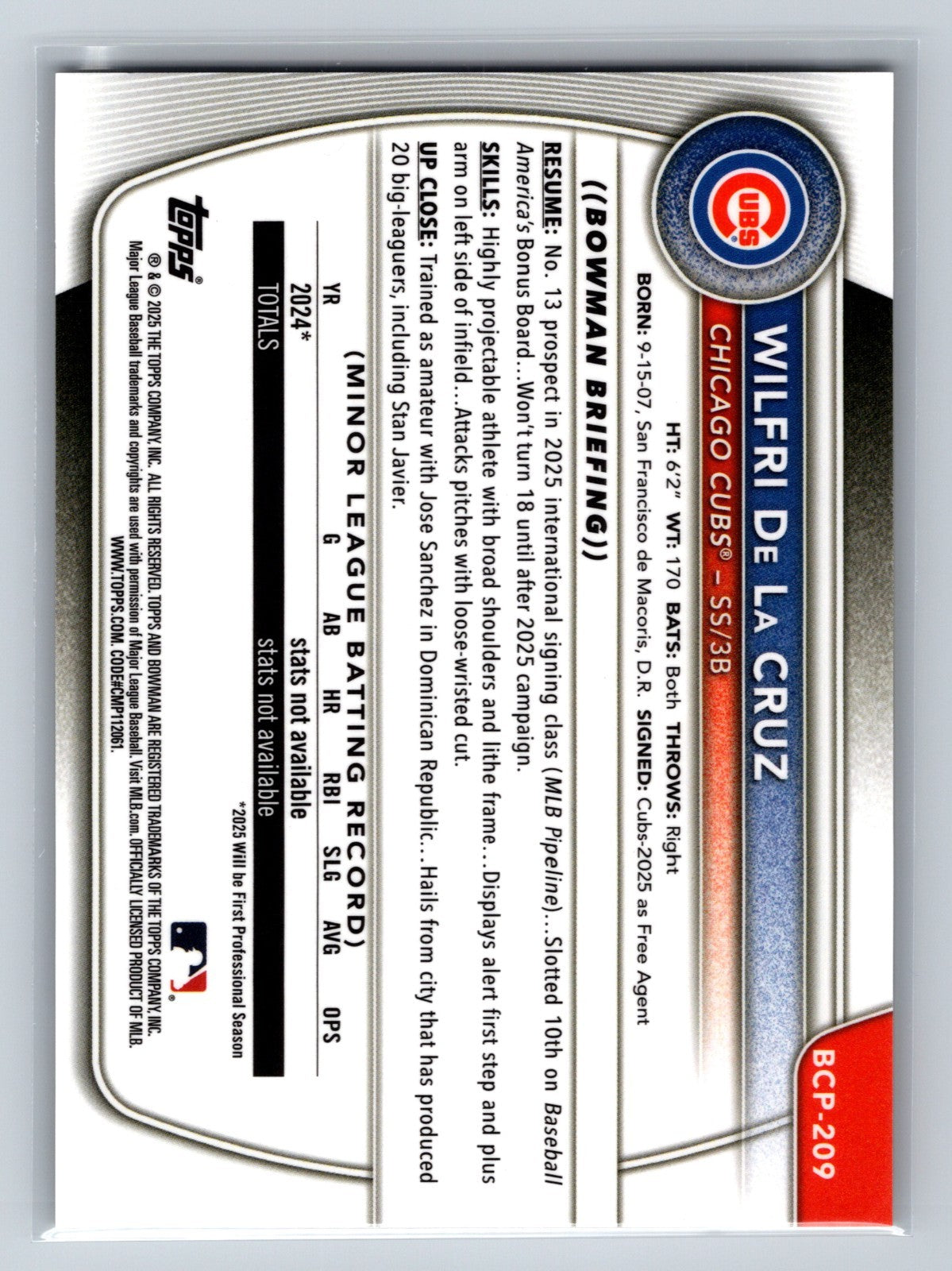 Wilfri De La Cruz 2025 Bowman Chrome 1st Gold Refractor /50 #BCP-209 Cubs