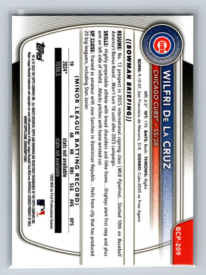 Wilfri De La Cruz 2025 Bowman Chrome 1st Gold Refractor /50 #BCP-209 Cubs