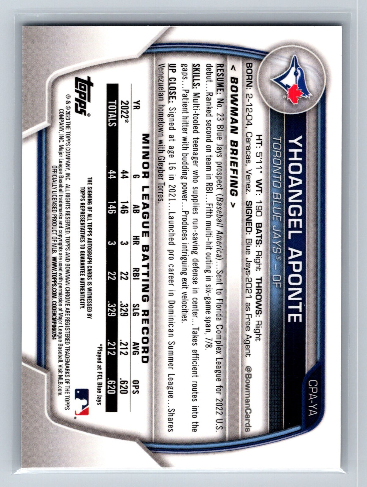 Yhoangel Aponte 2023 Bowman Chrome 1st Auto #CPA-YA Blue Jays