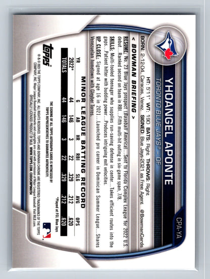 Yhoangel Aponte 2023 Bowman Chrome 1st Auto #CPA-YA Blue Jays