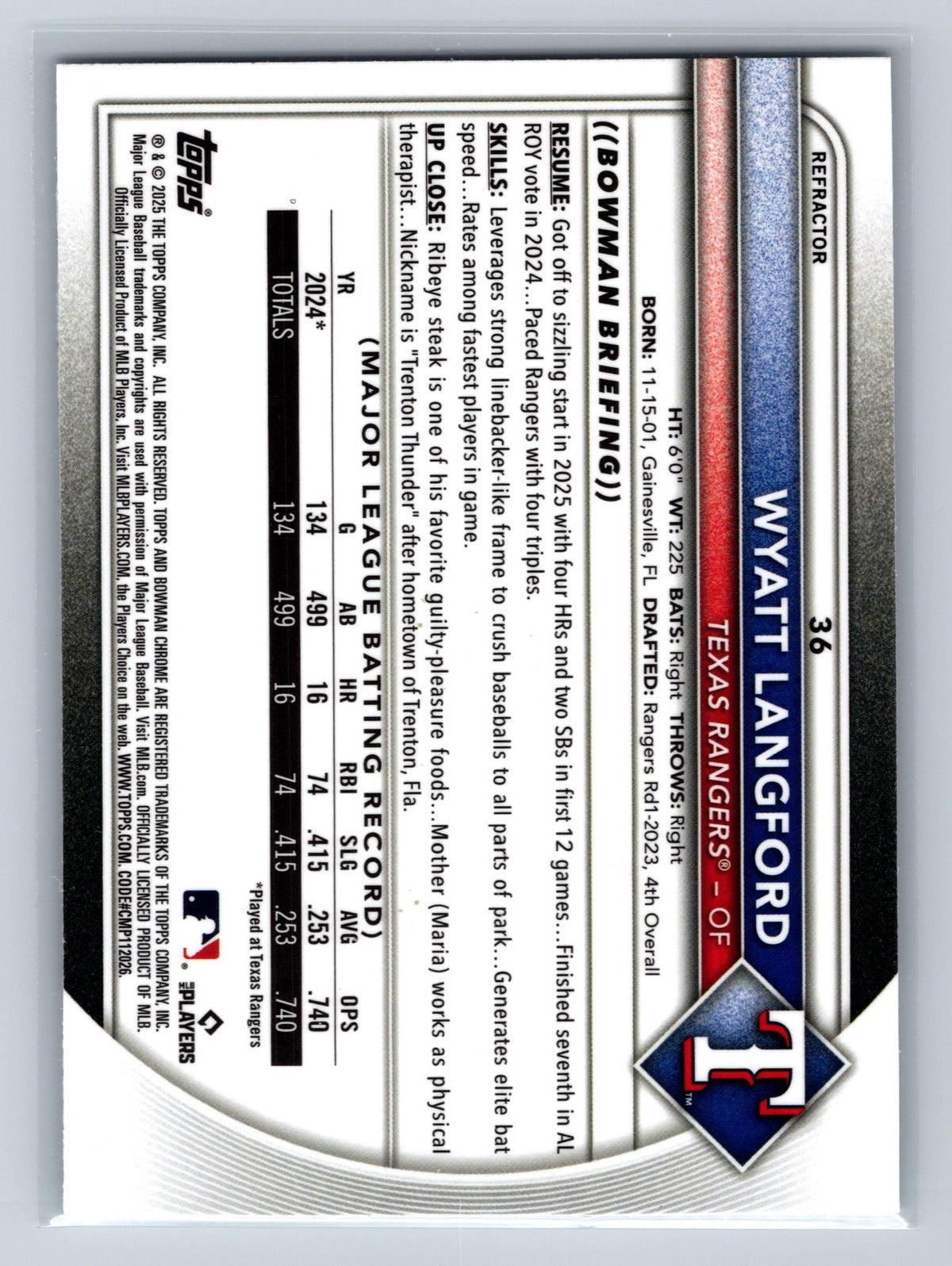 Wyatt Langford 2025 Bowman Chrome Refractor /499 #36 Rangers