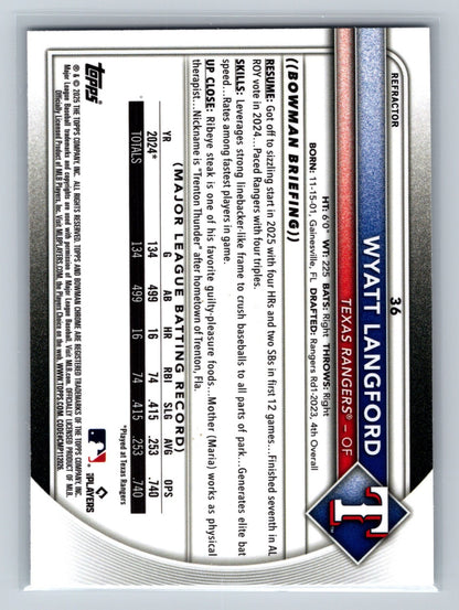 Wyatt Langford 2025 Bowman Chrome Refractor /499 #36 Rangers