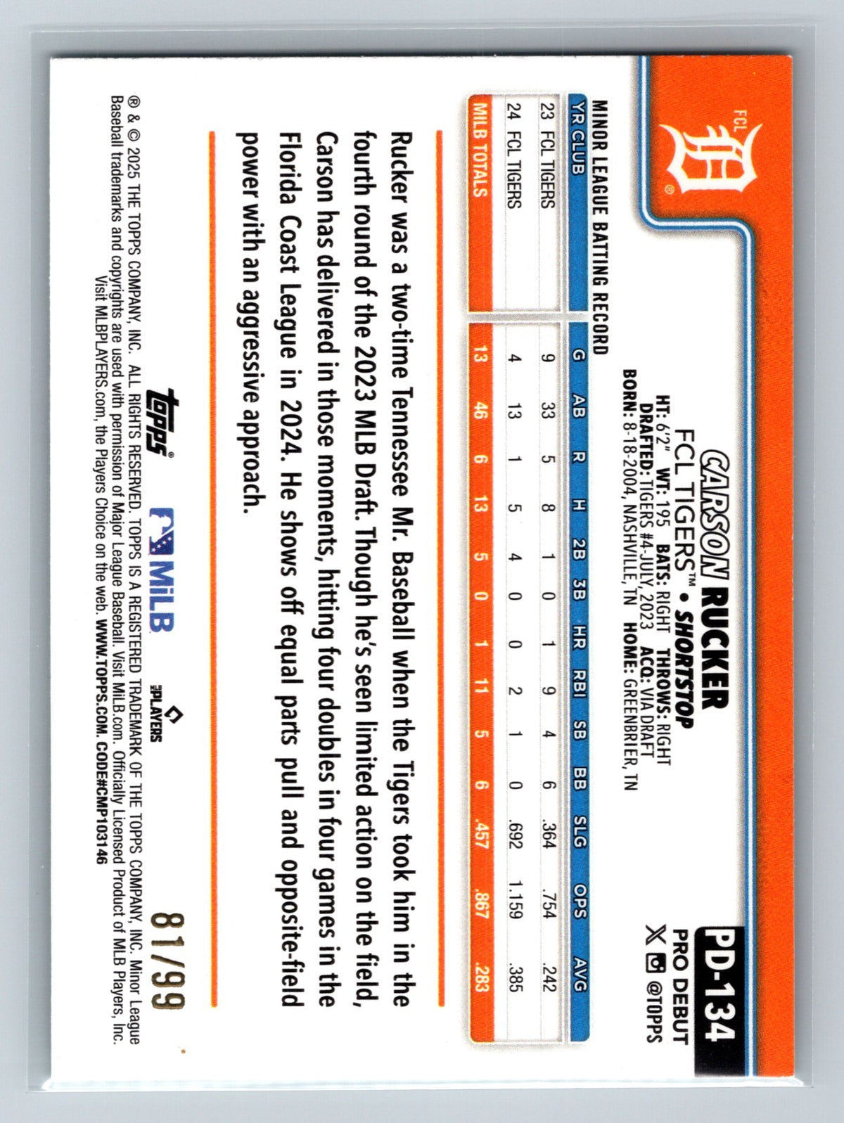Carson Rucker 2025 Topps Pro Debut Green Foil /99 #PD-134 Tigers