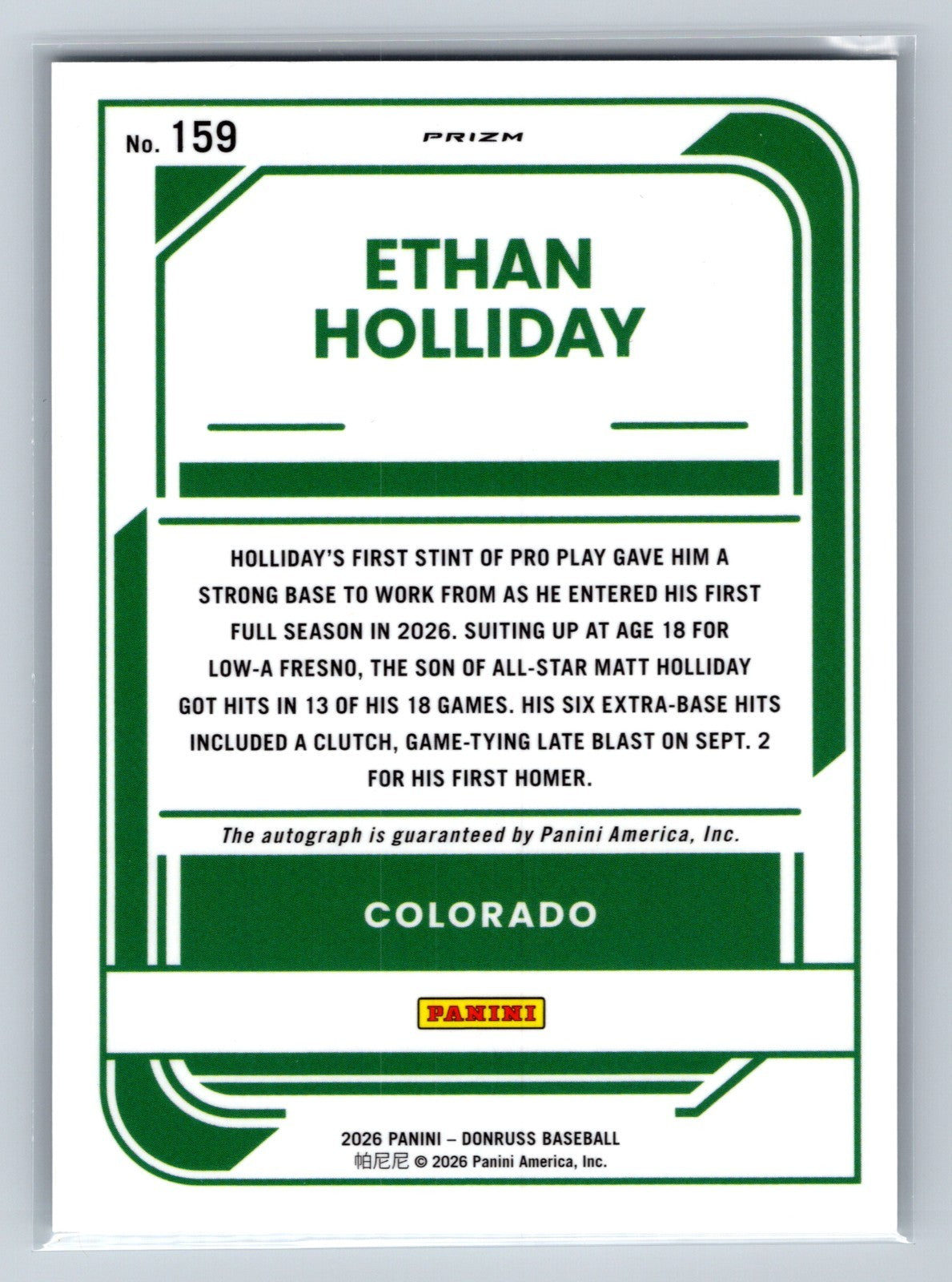Ethan Holliday 2026 Panini Donruss Optic Rated Prospect Silver Holo Auto #159