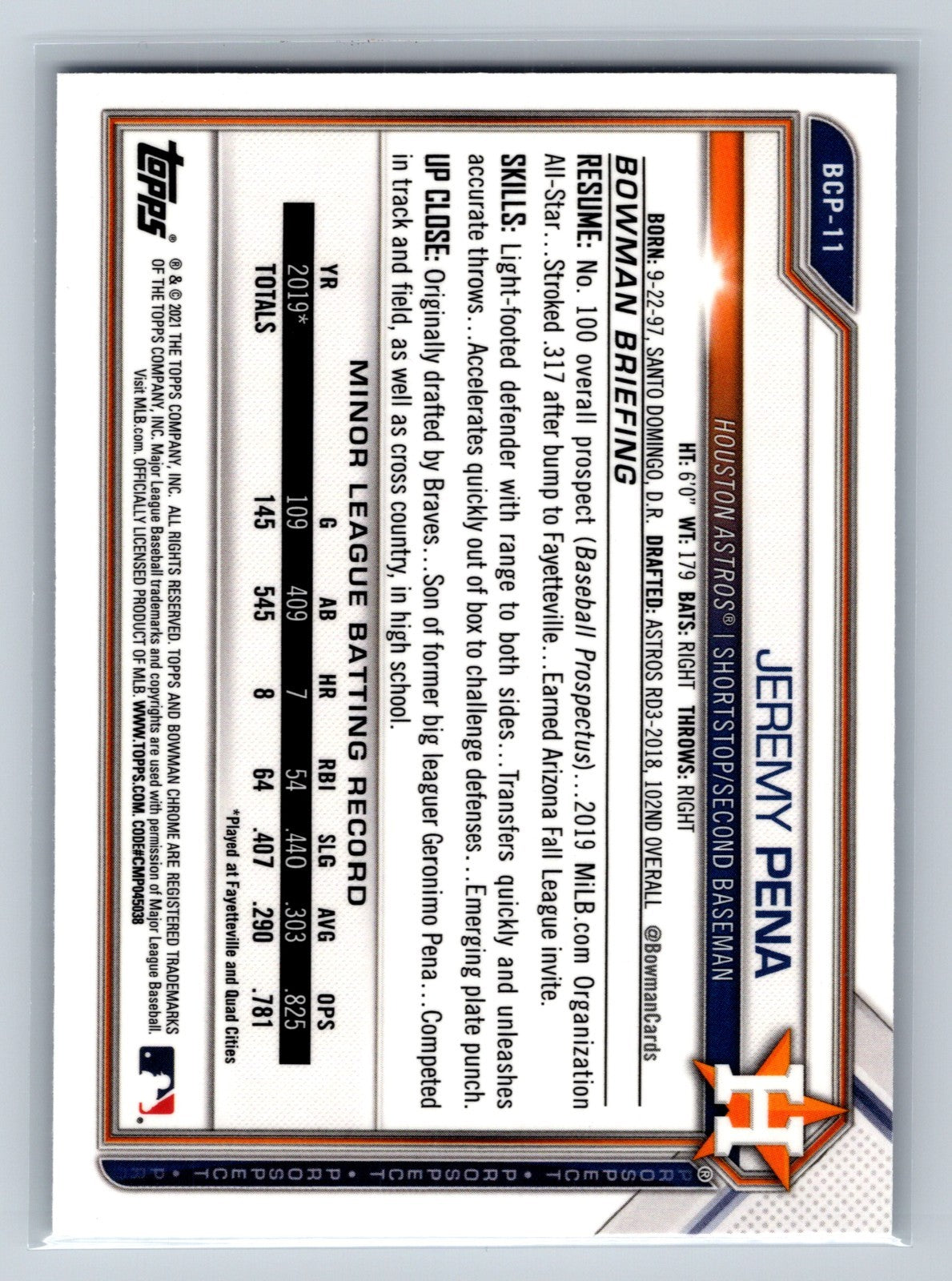 Jeremy Pena 2021 Bowman Chrome Prospects Sapphire #BCP-11 Astros