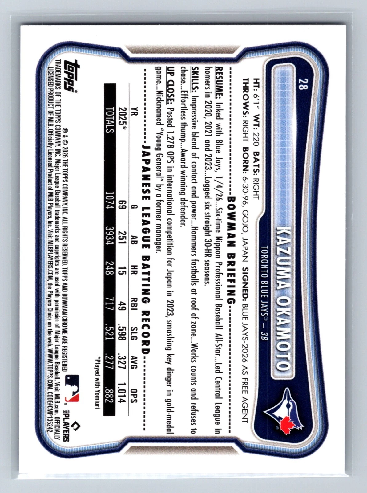 Kazuma Okamoto 2026 Bowman Purple RC /250 #28 Blue Jays