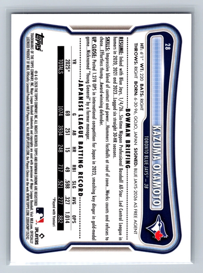 Kazuma Okamoto 2026 Bowman Purple RC /250 #28 Blue Jays