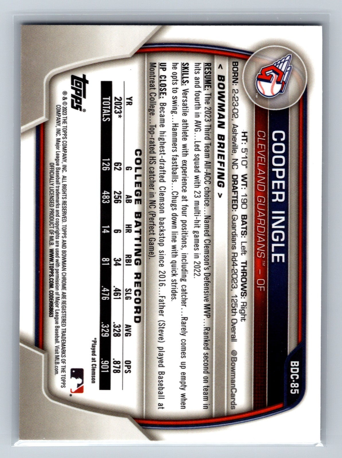 Cooper Ingle 2023 Bowman Draft Chrome 1st Purple Refractor /250 #BDC-85