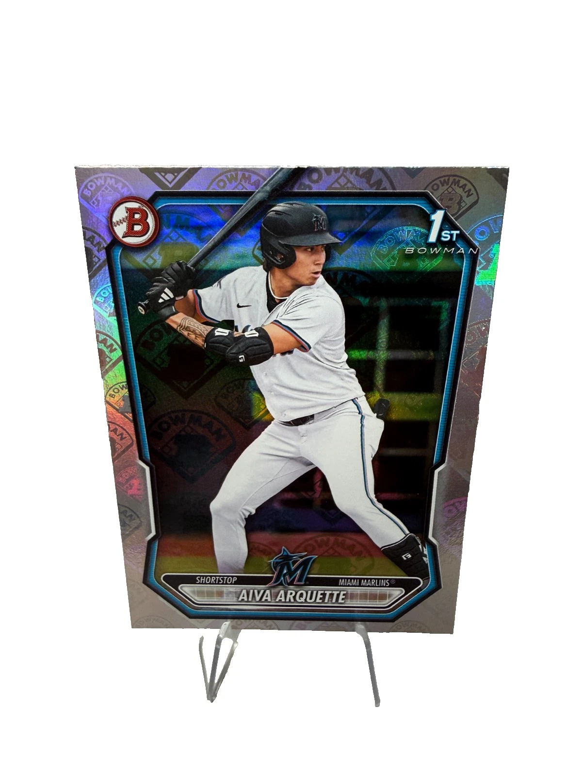 Aiva Arquette 2026 Bowman 1st Paper Retro Logo Foil Pattern SSP #BP-40 Marlins