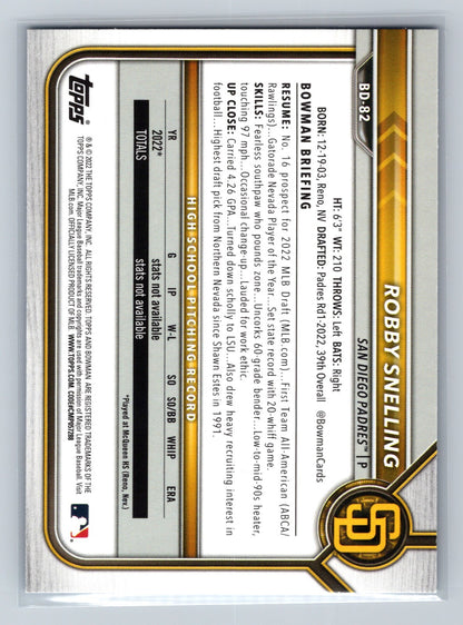 Robby Snelling 2022 Bowman Draft 1st Paper Blue /150 #BD-82 Padres