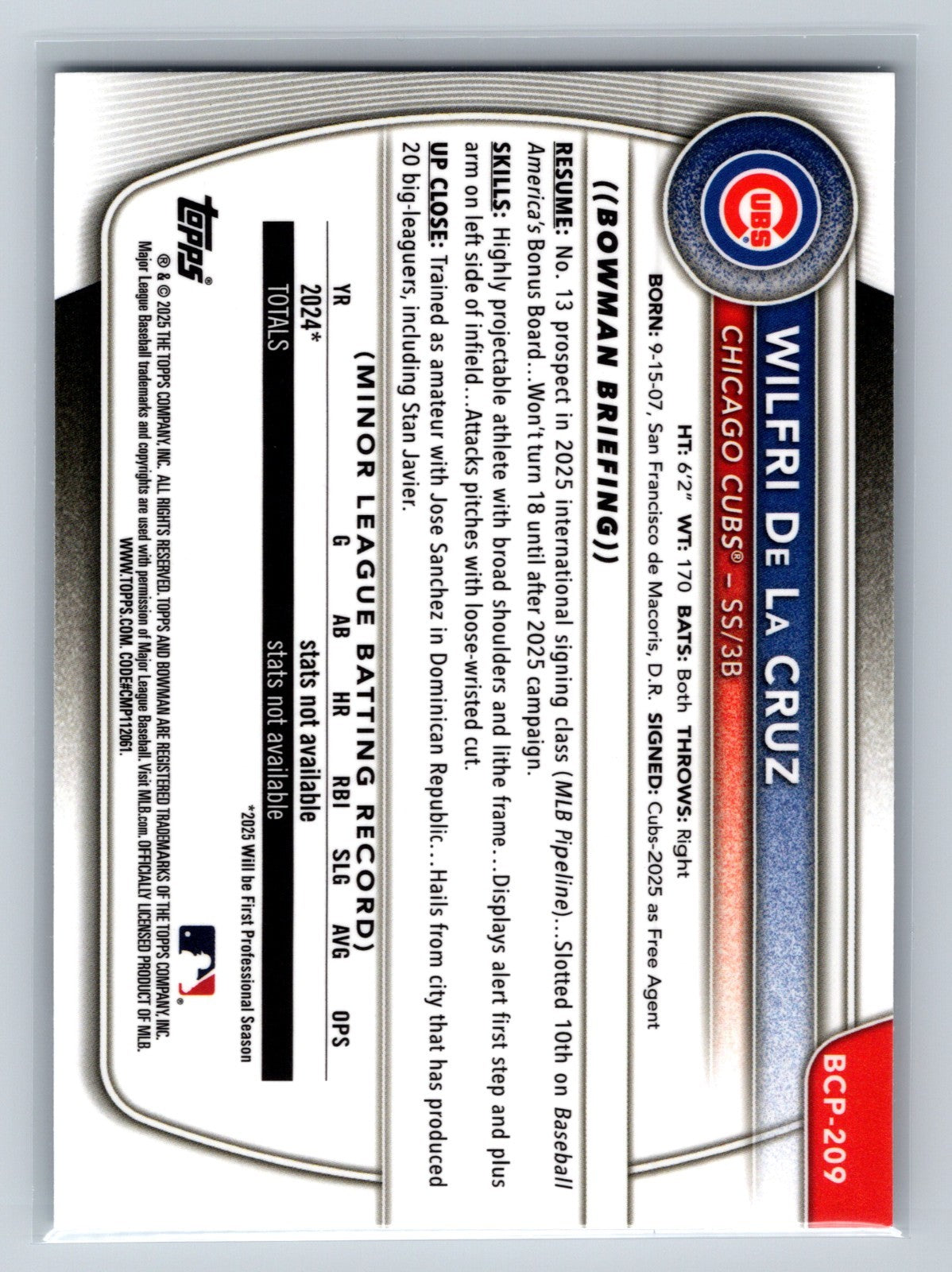 Wilfri De La Cruz 2025 Bowman Chrome 1st Speckle Refractor #BCP-209 Cubs