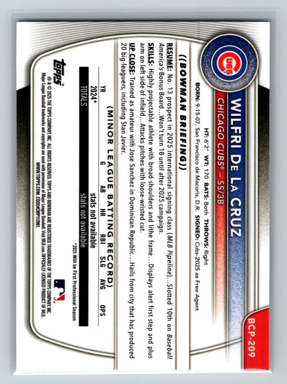 Wilfri De La Cruz 2025 Bowman Chrome 1st Speckle Refractor #BCP-209 Cubs