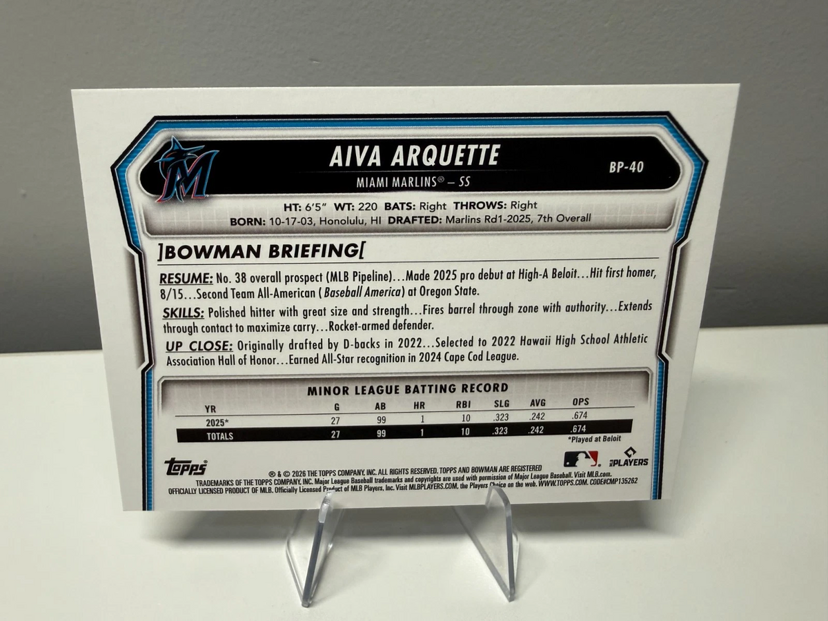 Aiva Arquette 2026 Bowman 1st Paper Retro Logo Foil Pattern SSP #BP-40 Marlins