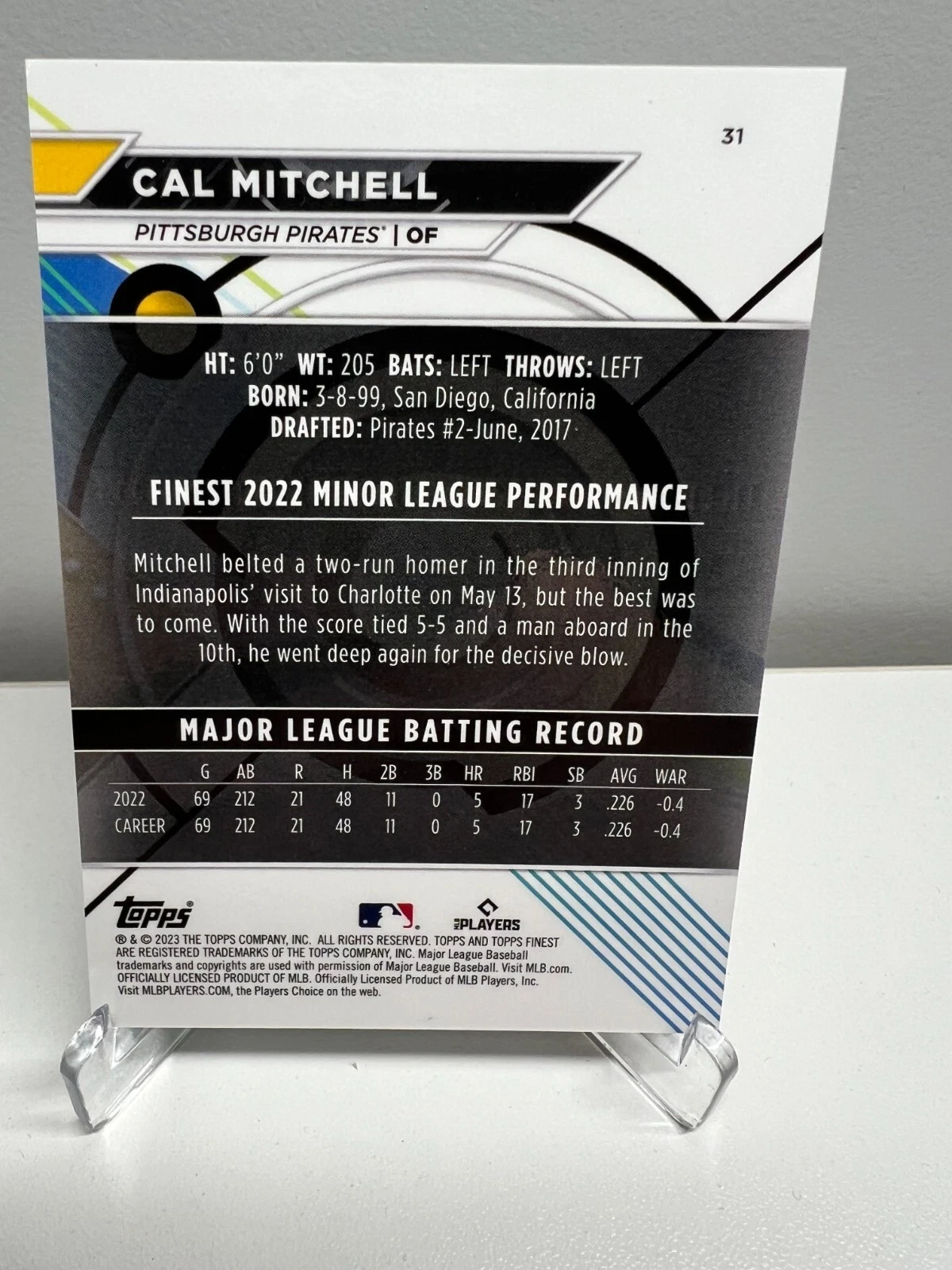Cal Mitchell 2023 Topps Finest Aqua Refractor /199 RC #31 Pirates