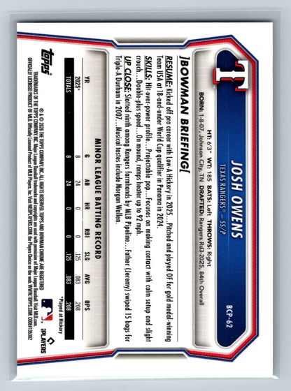 Josh Owens 2026 Bowman Chrome Prospect Green Refractor /99 #BCP-62 Rangers