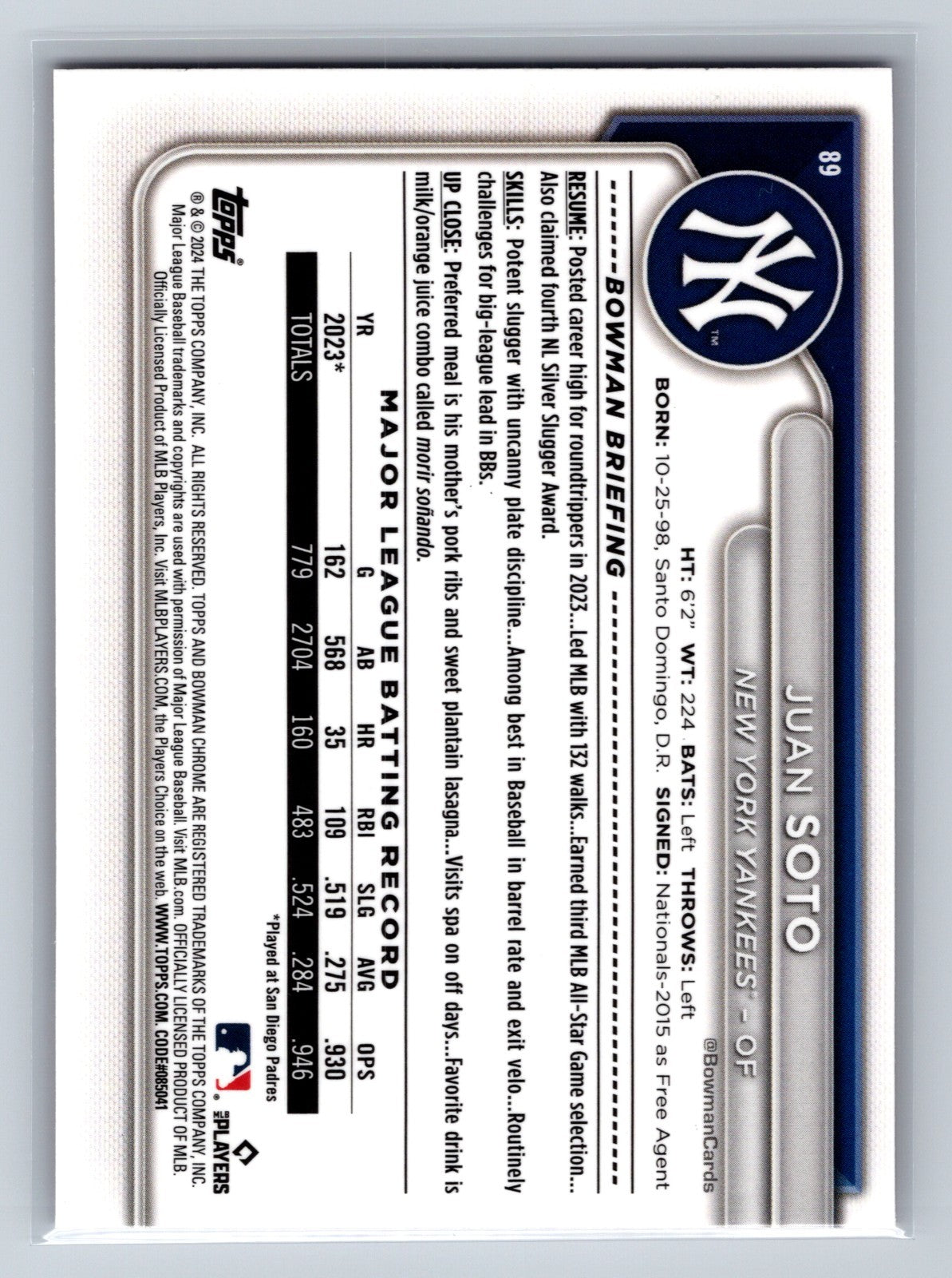 Juan Soto 2024 Bowman Chrome Fuchsia Refractor /299 #89 Yankees