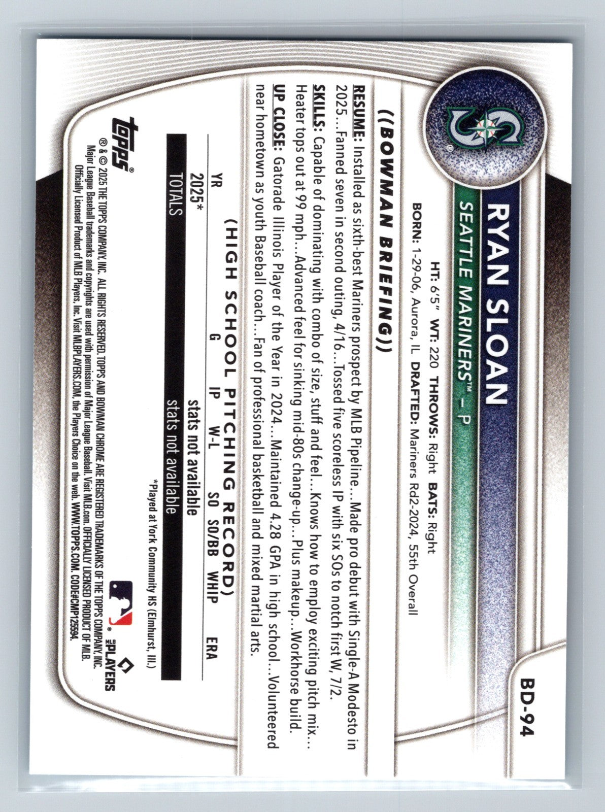 Ryan Sloan 2025 Bowman Draft Paper Sky Blue /499 #BD-94 Mariners