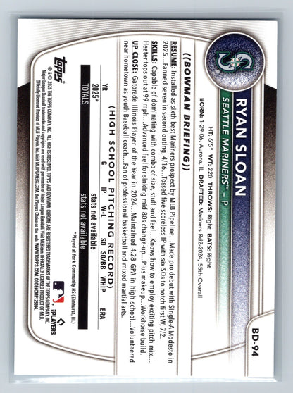Ryan Sloan 2025 Bowman Draft Paper Sky Blue /499 #BD-94 Mariners