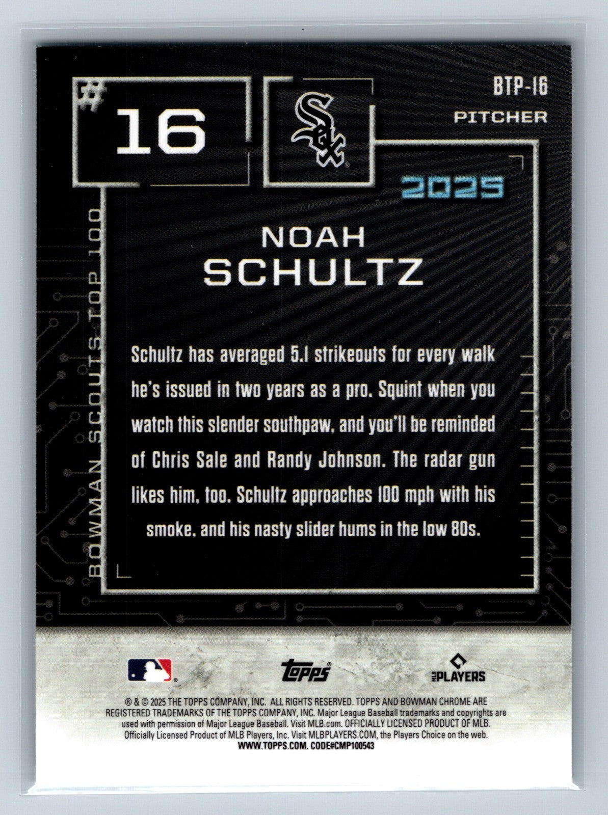 Noah Schultz 2025 Bowman Scouts Top 100 Aqua Refractor /125 #BTP-16 White Sox