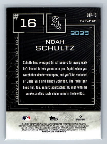 Noah Schultz 2025 Bowman Scouts Top 100 Aqua Refractor /125 #BTP-16 White Sox