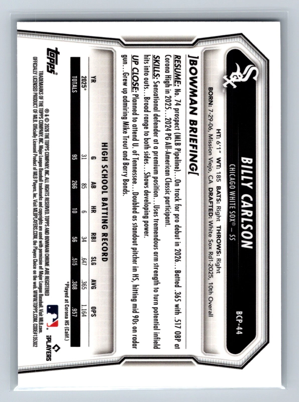 Billy Carlson 2026 Bowman Chrome Prospects Wave Refractor /350 #BCP-44 White Sox