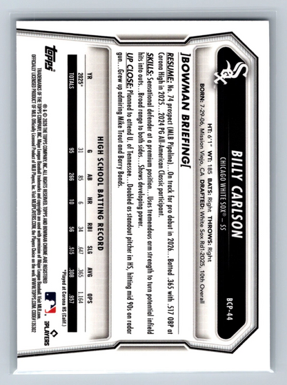 Billy Carlson 2026 Bowman Chrome Prospects Wave Refractor /350 #BCP-44 White Sox