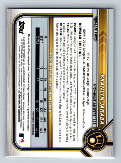 Branlyn Jaraba 2022 Bowman Chrome 1st Purple Refractor Auto /250 #CPA-BJ Brewers