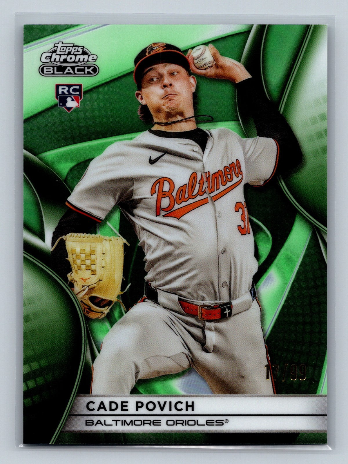 Cade Povich 2025 Topps Chrome Black Green Refractor RC /99 #21 Orioles