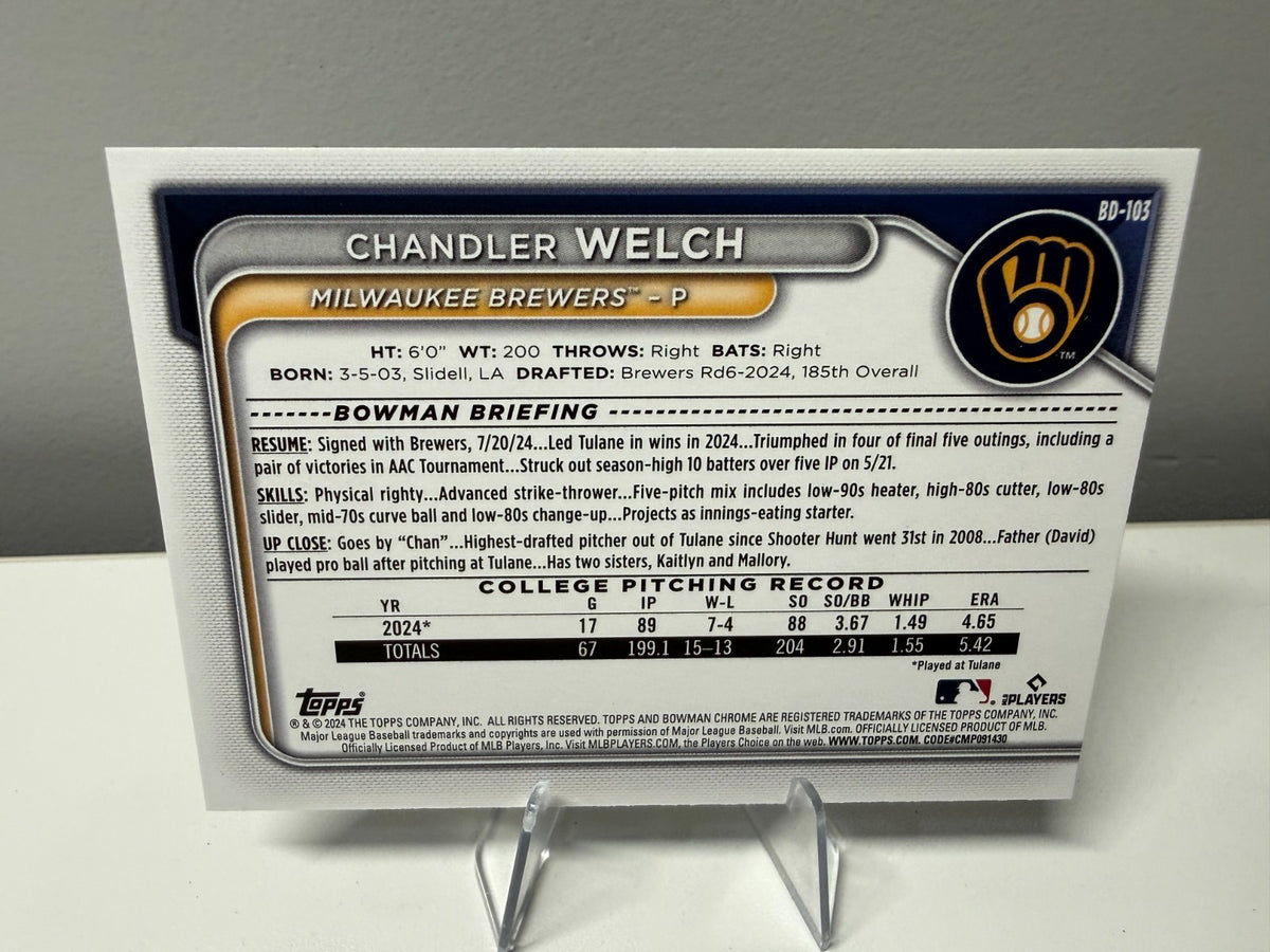 Chandler Welch 2024 Bowman Draft 1st Paper Blue /150 #BD-103 Brewers