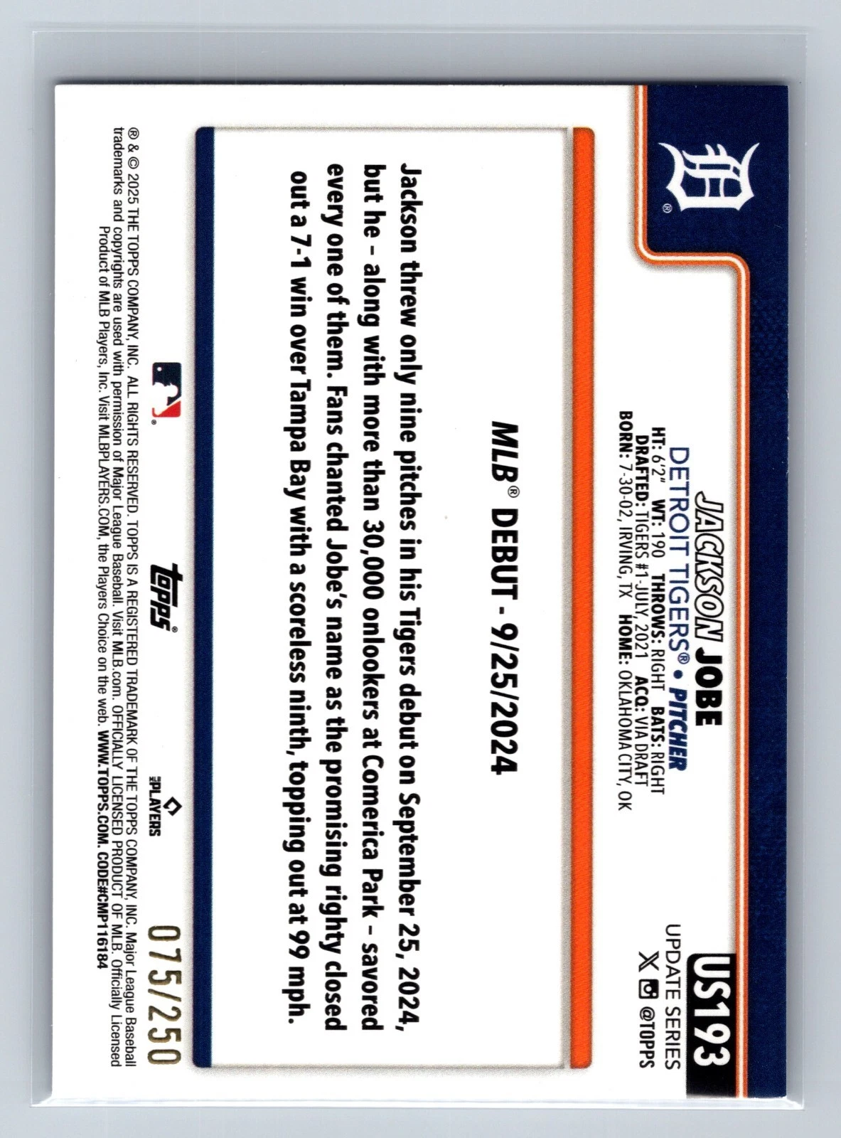 Jackson Jobe 2025 Topps Update Series Purple Foil RC /250 #US193 Tigers