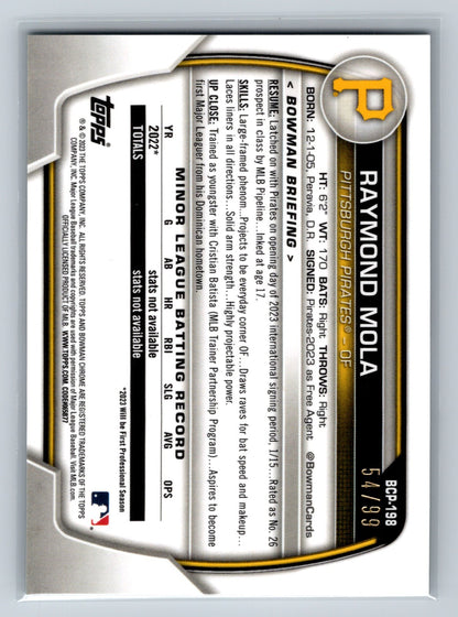Raymond Mola 2023 Bowman Chrome 1st Green Shimmer Refractor /99 #BCP-198 Pirates