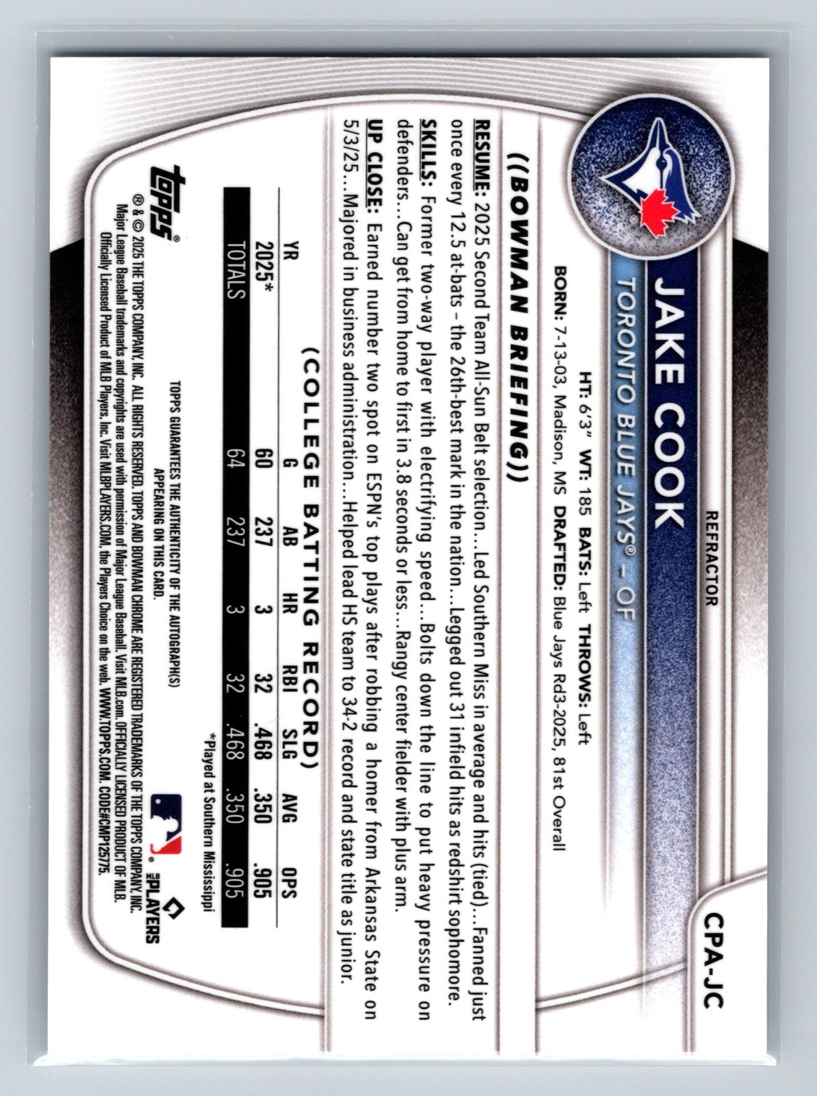 Jake Cook 2025 Bowman Chrome 1st Refractor Auto /499 #CPA-JC Blue Jays