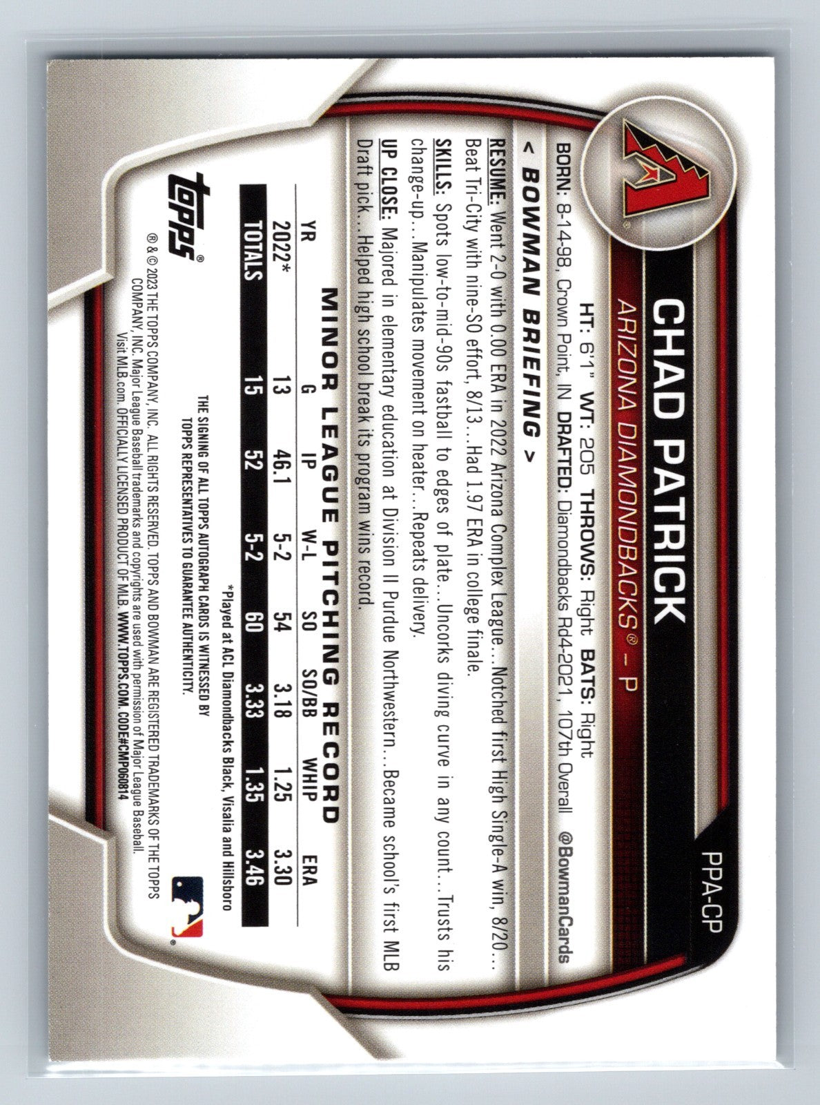 Chad Patrick 2023 Bowman Paper Prospects Auto #PPA-CP Diamondbacks