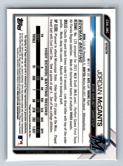 Jordan McCants 2021 Bowman Draft Chrome 1st Refractor Auto /499 #CDA-JMC Marlins