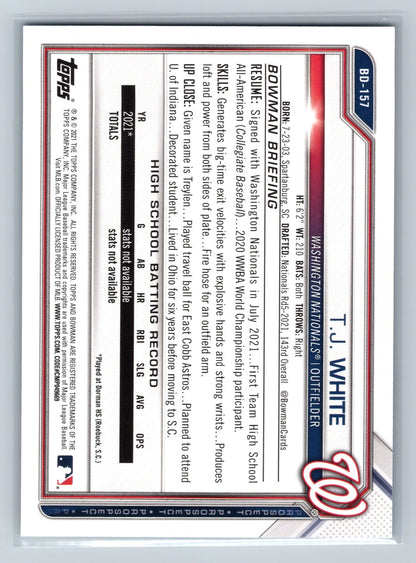 T.J. White 2021 Bowman Draft 1st Paper Sky Blue /499 #BD-157 Nationals
