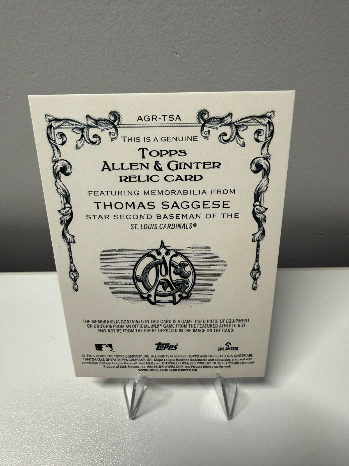 Thomas Saggese 2025 Topps Allen & Ginter Gold Foil Filagree Relic RC /50