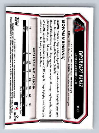 Enyervert Perez 2026 Bowman 1st Paper Logo Foil #BP-71 Diamondbacks
