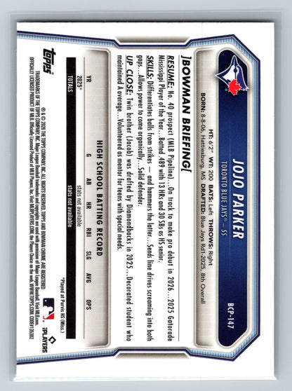 Jojo Parker 2026 Bowman Chrome 1st Mini Diamond Refractor #BCP-147 Blue Jays