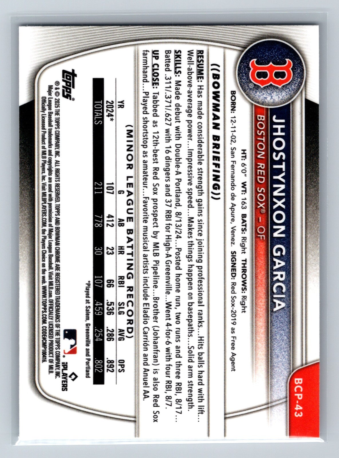 Jhostynxon Garcia 2025 Bowman Chrome 1st #BCP-43 Red Sox