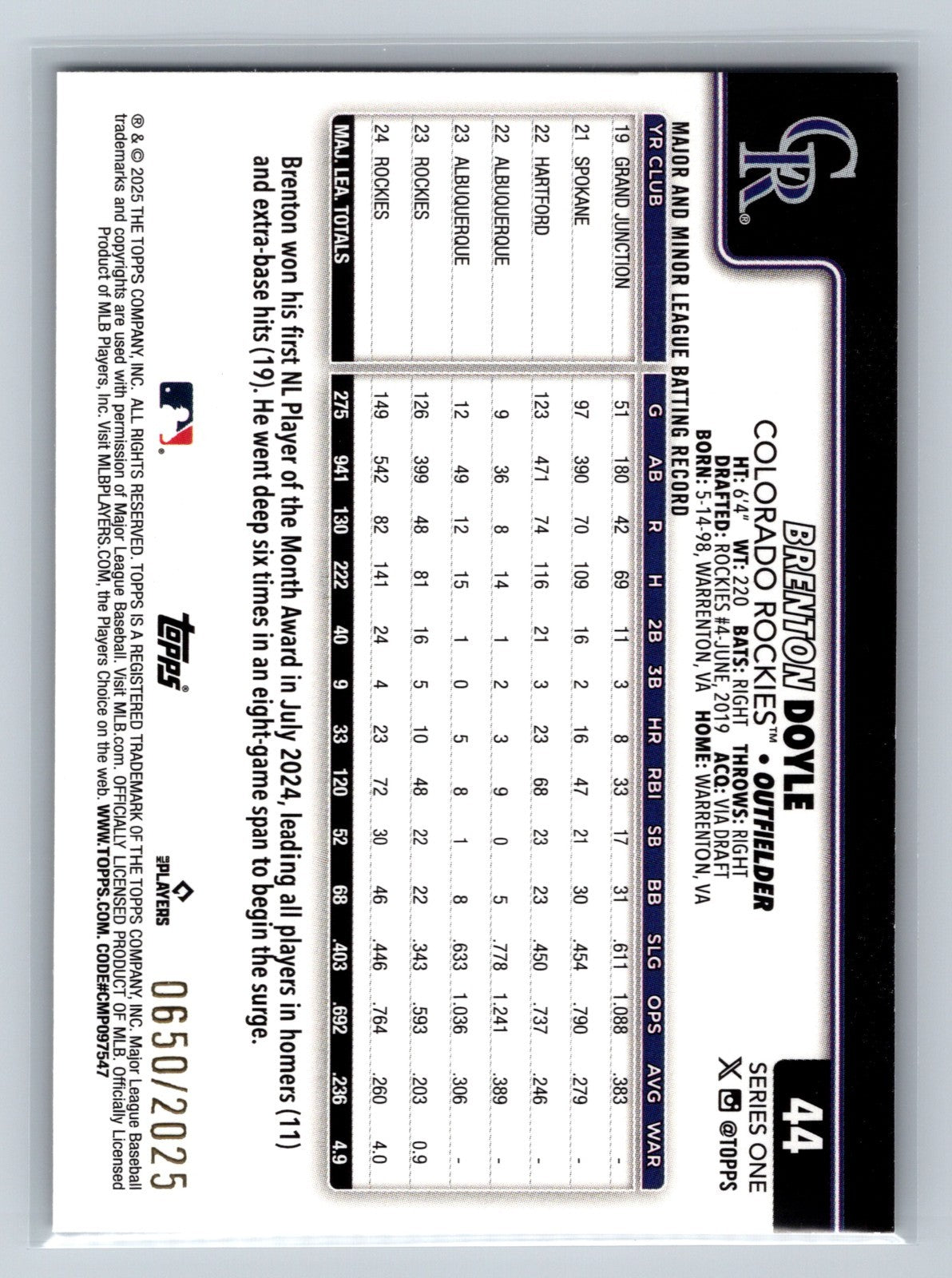 Brenton Doyle 2025 Topps Series 1 Gold /2025 #44 Rockies