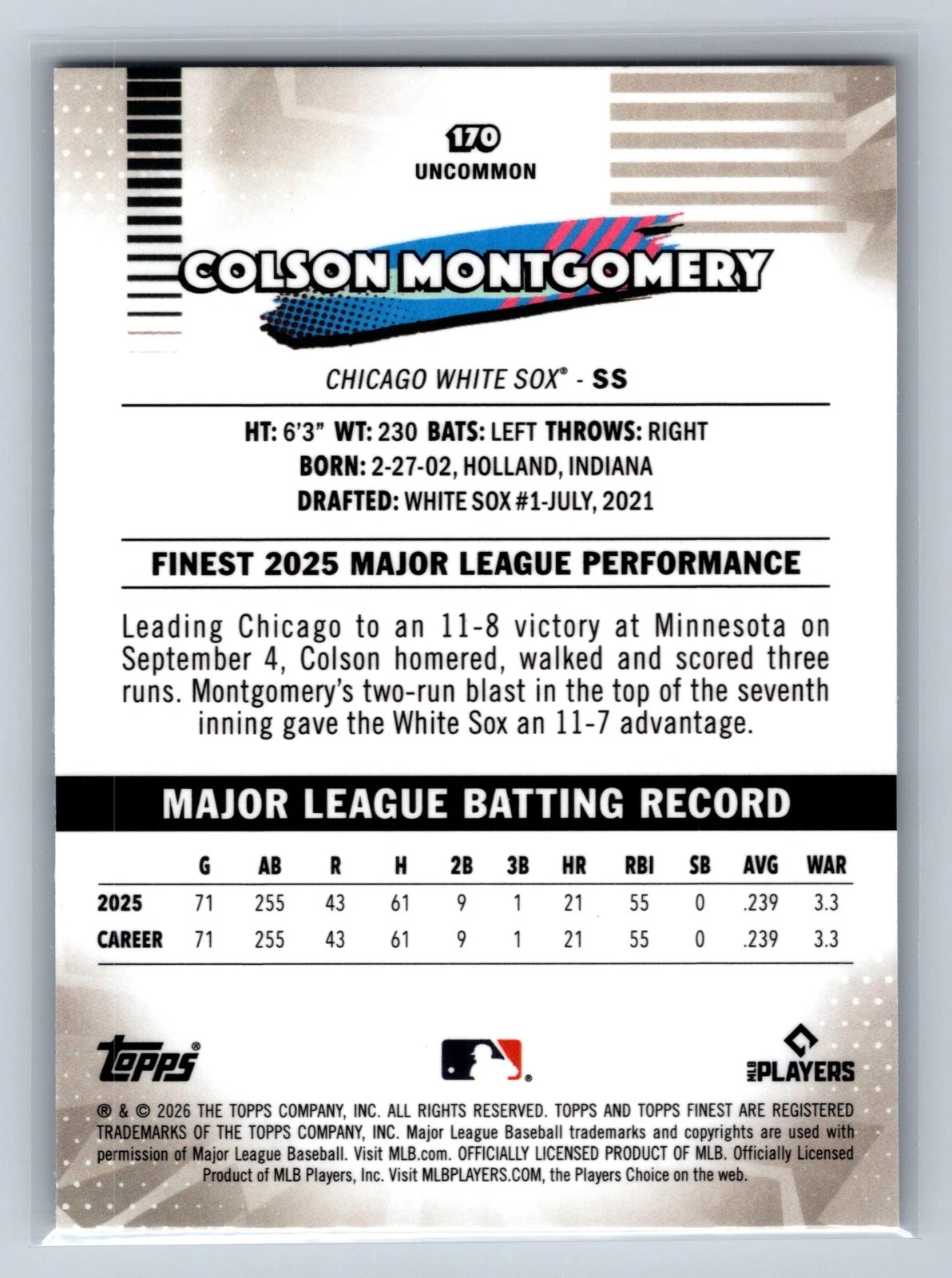 Colson Montgomery 2026 Topps Finest Uncommon Blue Refractor RC /150 #170