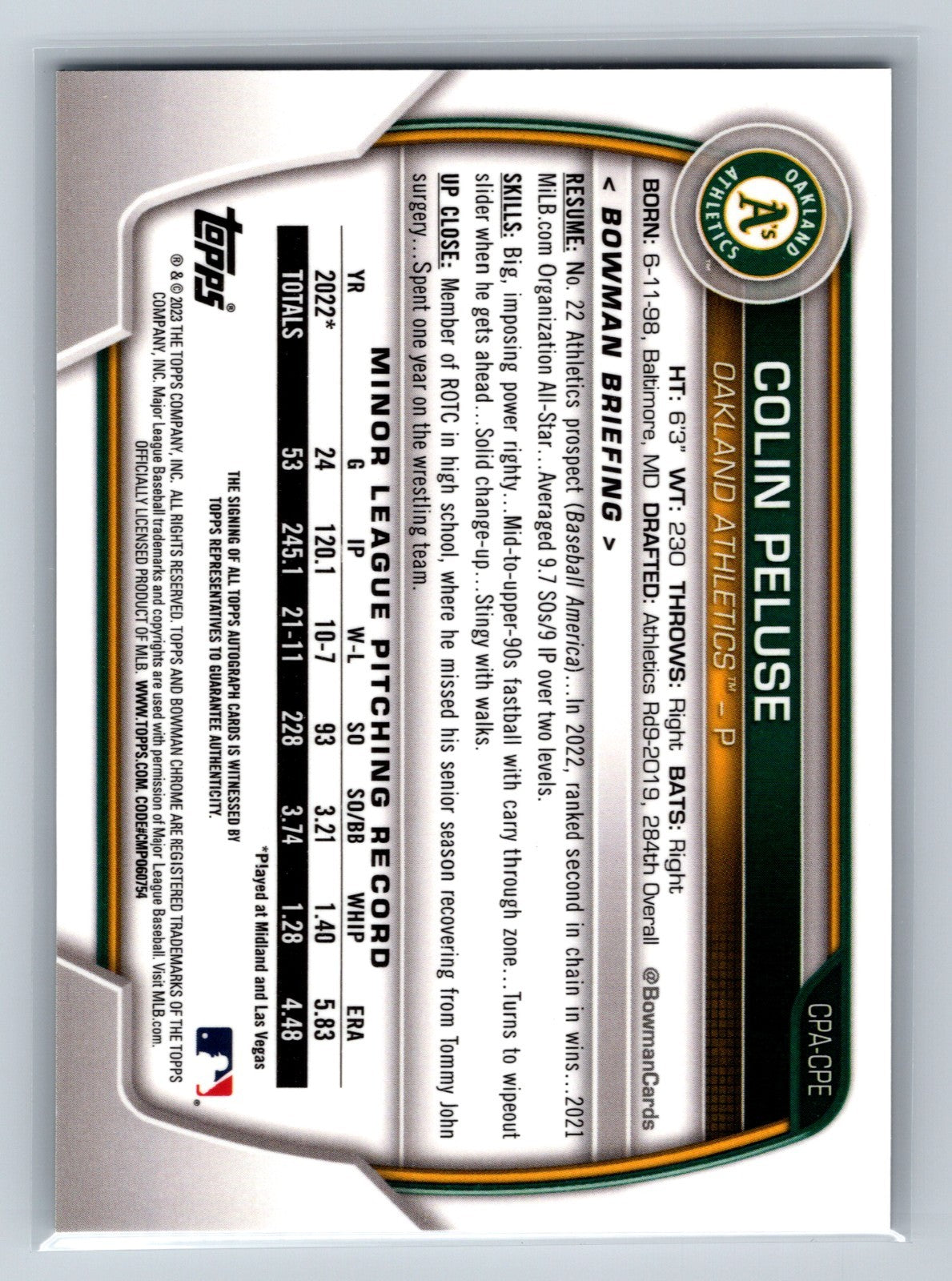 Colin Peluse 2023 Bowman Chrome 1st Auto #CPA-CPE Athletics