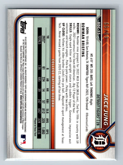Jace Jung 2022 Bowman Draft Chrome 1st Green Refractor /99 #BDC-15 Tigers