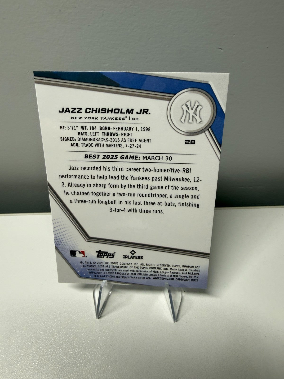 Jazz Chisholm Jr. 2025 Bowman's Best Purple Lazer Refractor /250 #28 Yankees