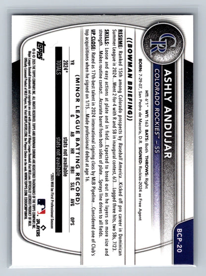 Ashly Andujar 2025 Bowman Chrome 1st Blue Reptilian Refractor /150 #BCP-20