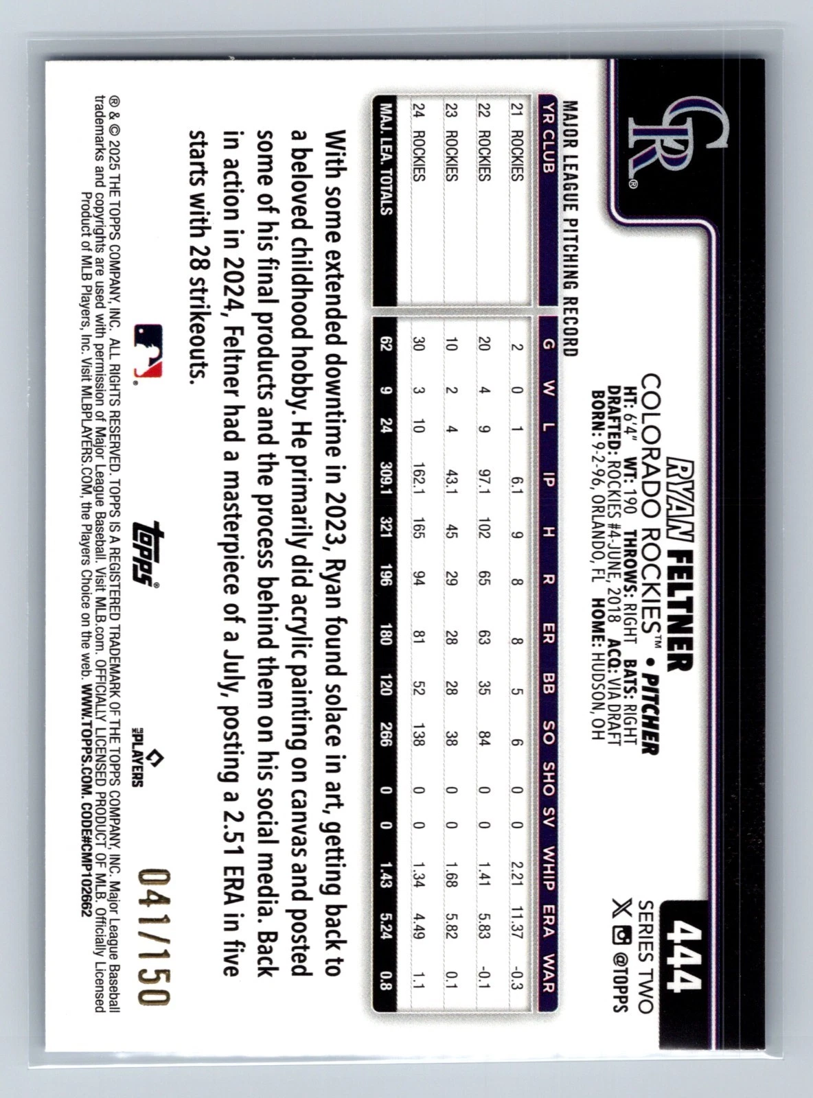 Ryan Feltner 2025 Topps Series 2 Blue /150 #444 Rockies