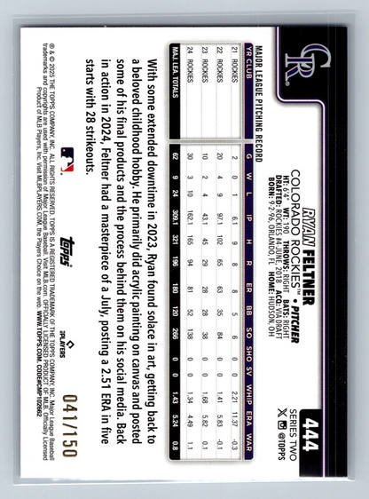 Ryan Feltner 2025 Topps Series 2 Blue /150 #444 Rockies