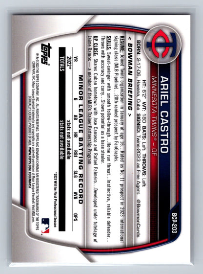 Ariel Castro 2023 Bowman Chrome 1st Orange Sapphire Refractor /75 #BCP-203 Twins