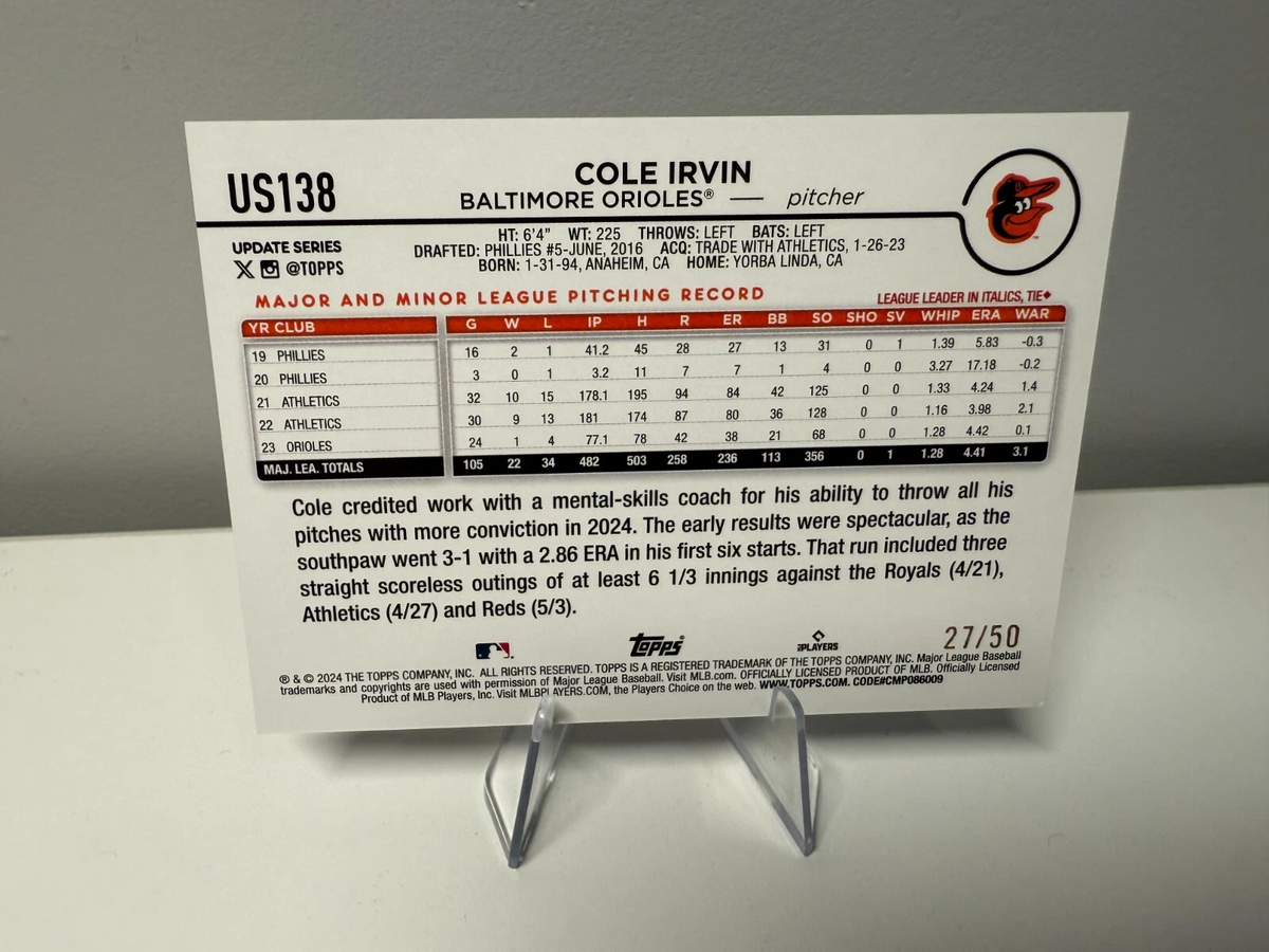Cole Irvin 2024 Topps Baseball Update Father’s Day Blue /50 #US138 Orioles